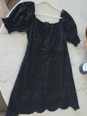 7 For All Mankind Black Eyelet Puff-Sleeve Mini Dress